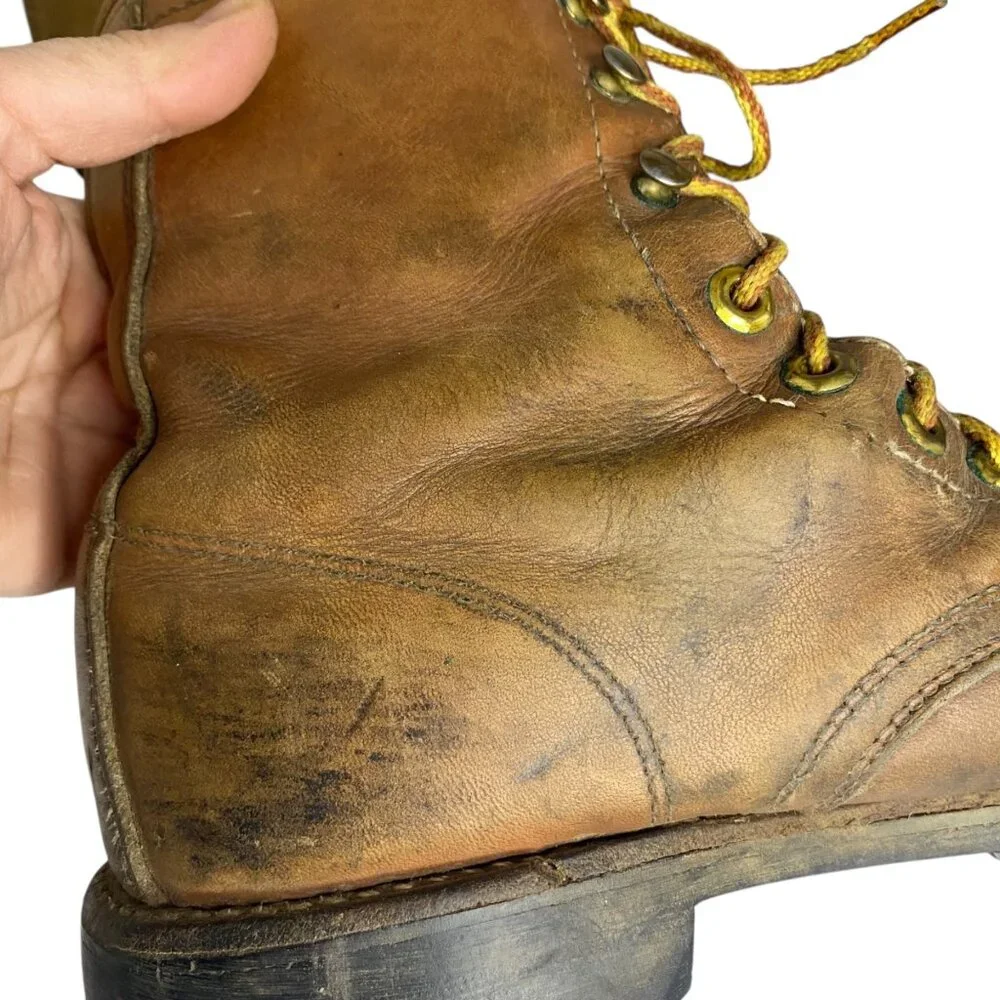 Vintage Herman Leather Work Boots Brown Lace-Up Men‎ Vibram Lug Sole 7-7.5 USA